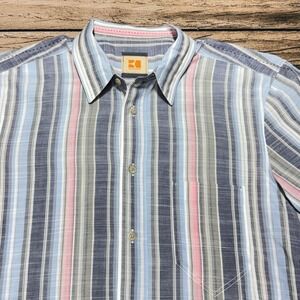 Hugo Boss Orange Button Up Shirt Mens Medium Blue Striped Short Sleeve Elui